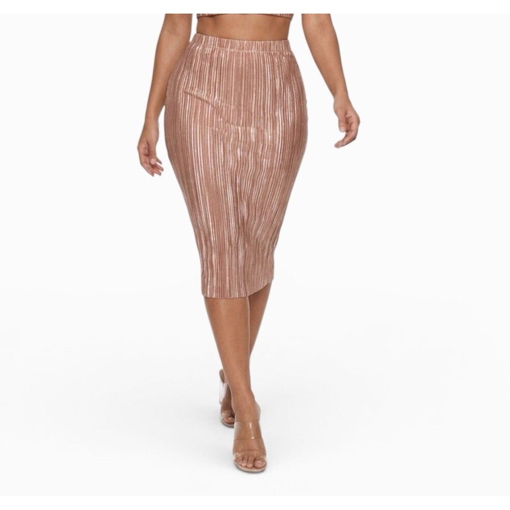 Women Metallic Golden Midi Skirt Size 4 Pleated Stretch